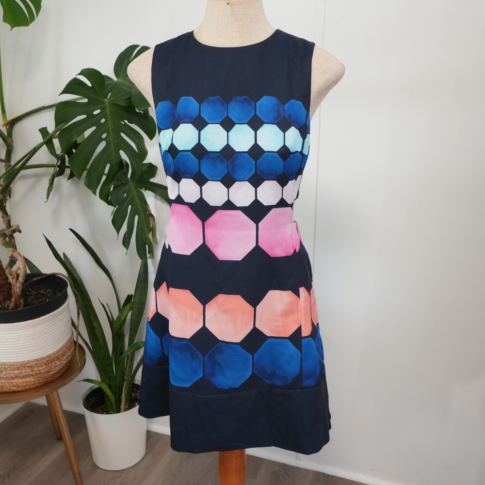 Ted Baker Seeliah Dress Womens 2 Navy Blue Geometric Cutout Fit Flare WS7W GD7N